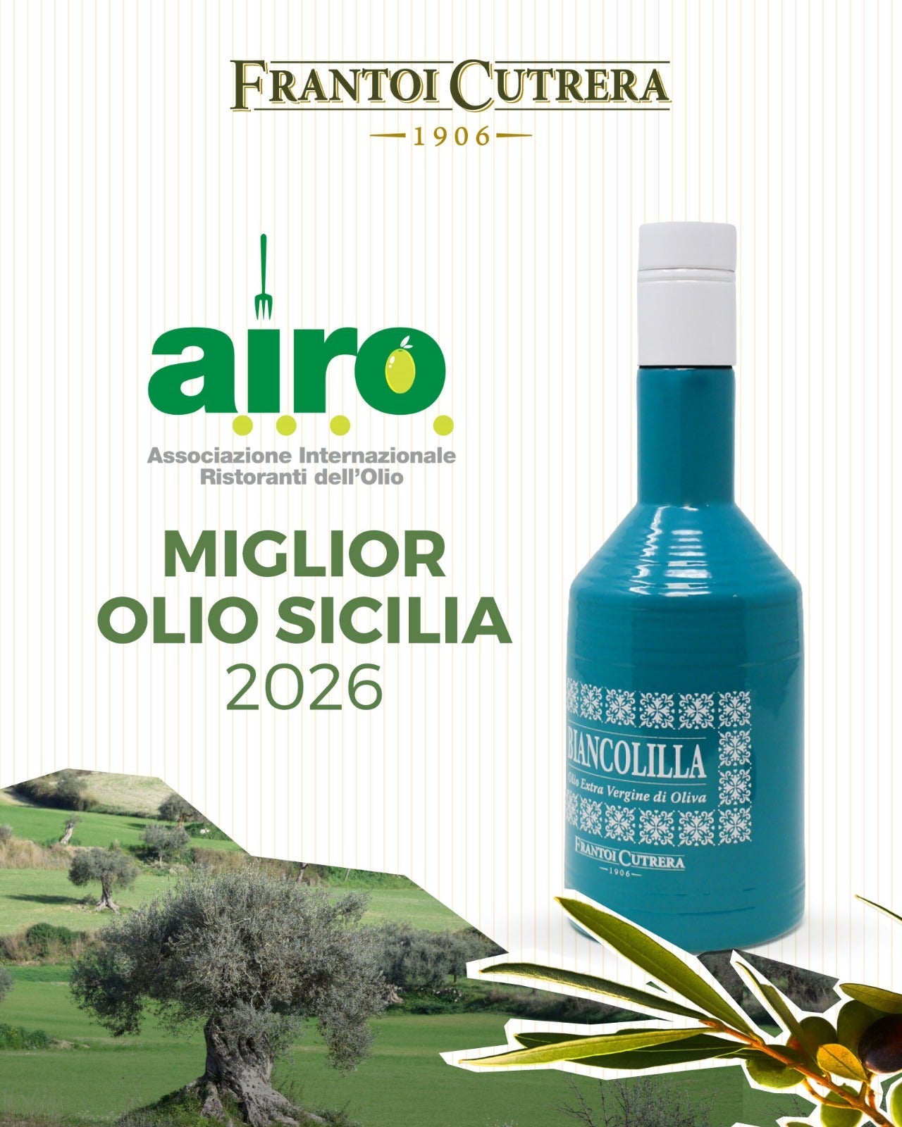 Biancolilla di Frantoi Cutrera è il Miglior Olio di Sicilia 2026 per AIRO